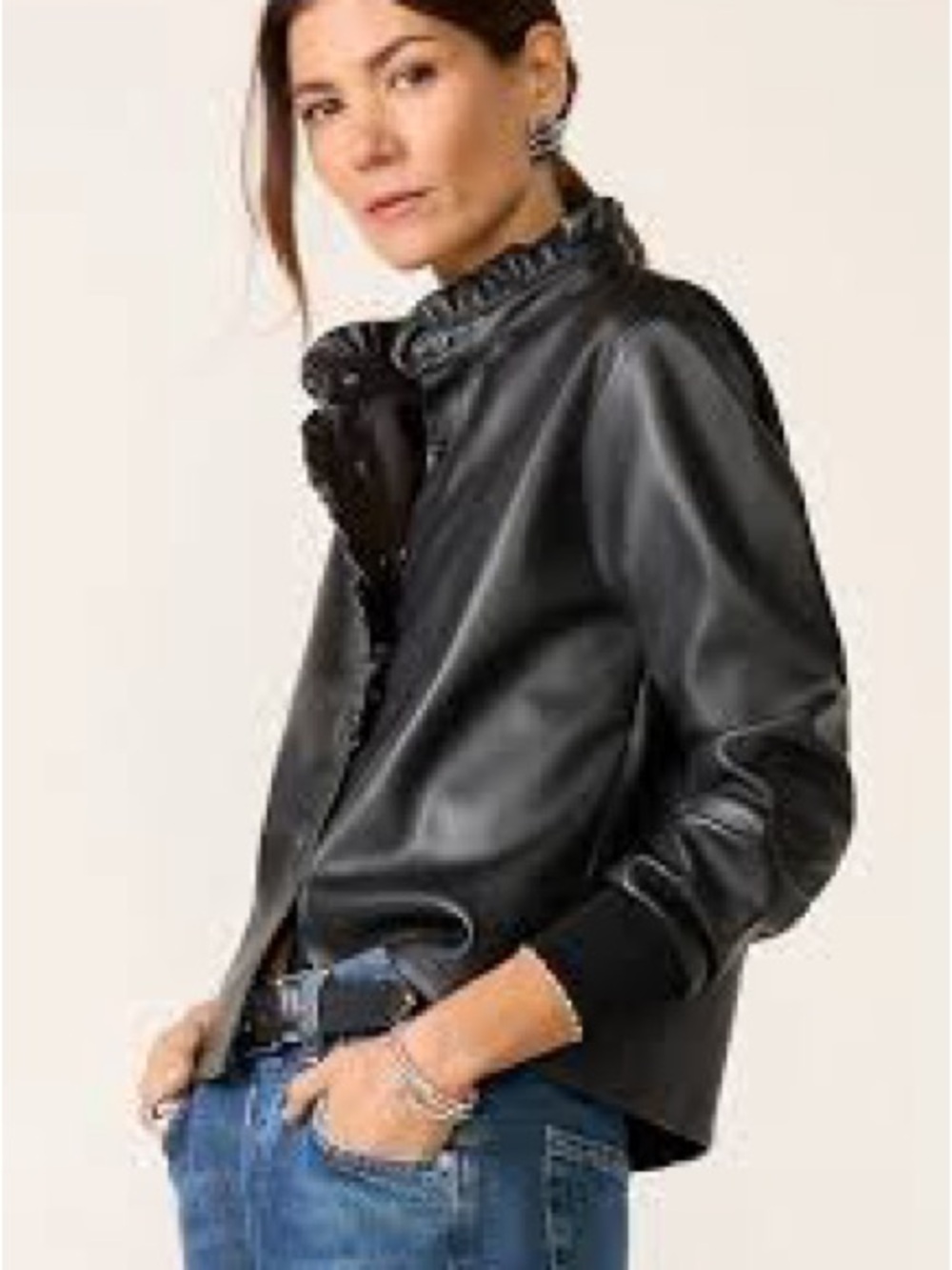 Evereve Bobi Faux Leather Ruffle Neck Shirt Blouse Shacket Black M NWT